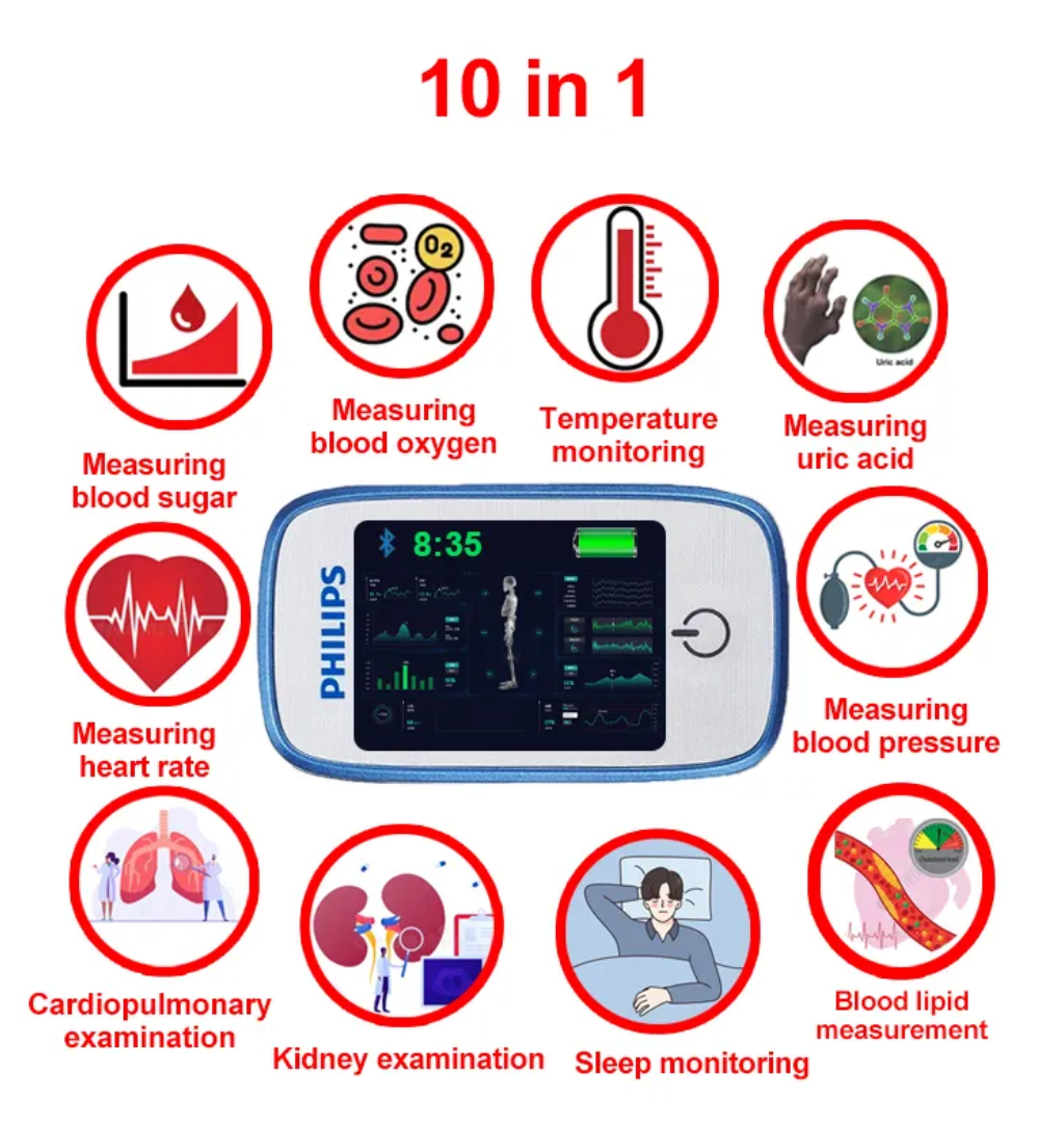 10-u-1 (neinvazivno mjerenje šećera u krvi + mokraćna kiselina + kisik u krvi + otkucaji srca + krvni tlak + praćenje sna + praćenje tjelesne temperature + kardiopulmonalni pregled + pregled bubrega + mjerenje lipida u krvi)